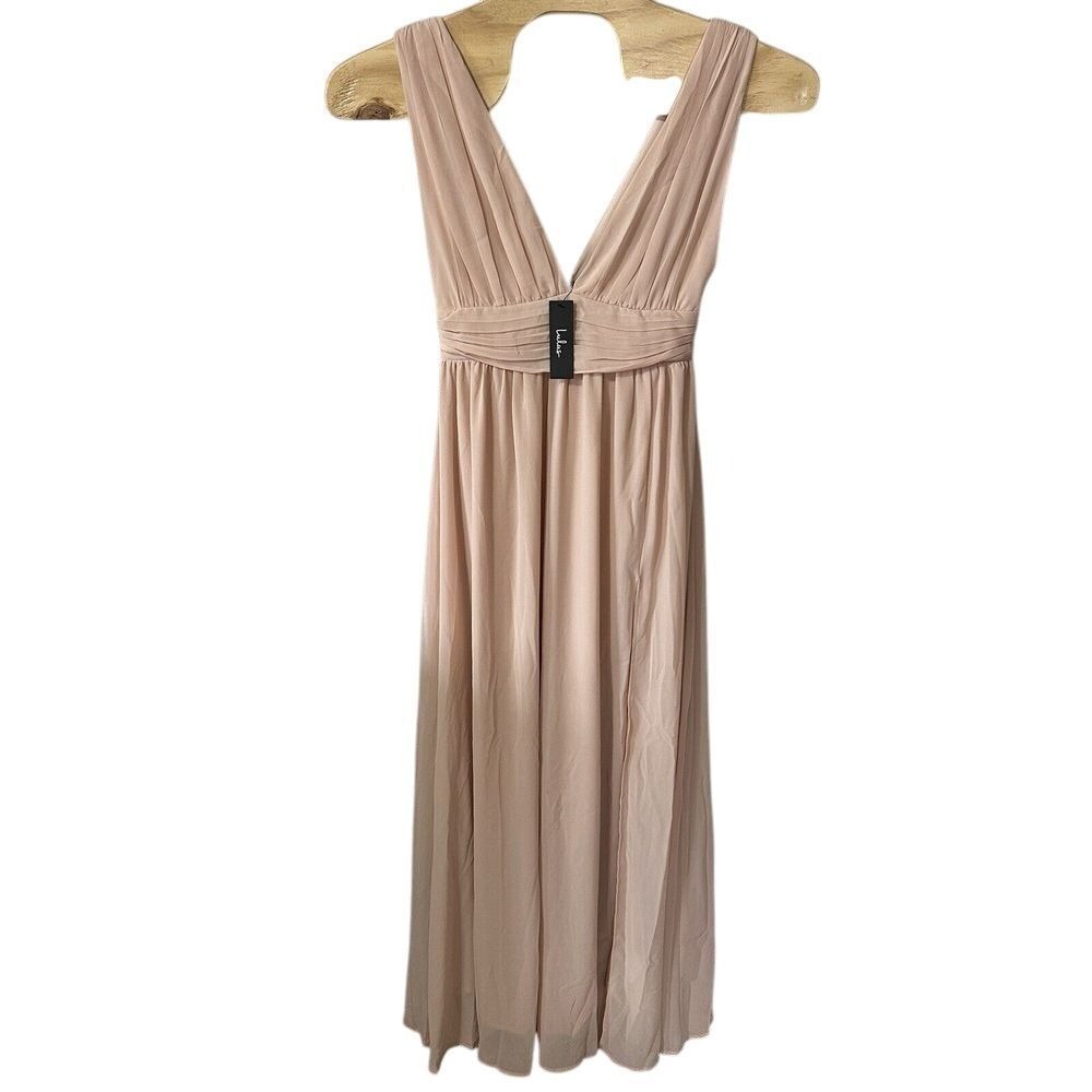 Lulus Heavenly Hues‎ Blush Pink Maxi Dress Front Slit Size Medium Deep Vneck NWT